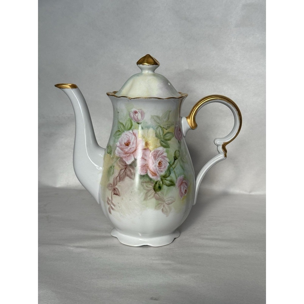Antique Hand Painted Porcelain Coffee Tea Pot SIGNED E H Groff Roses Gold Gilt